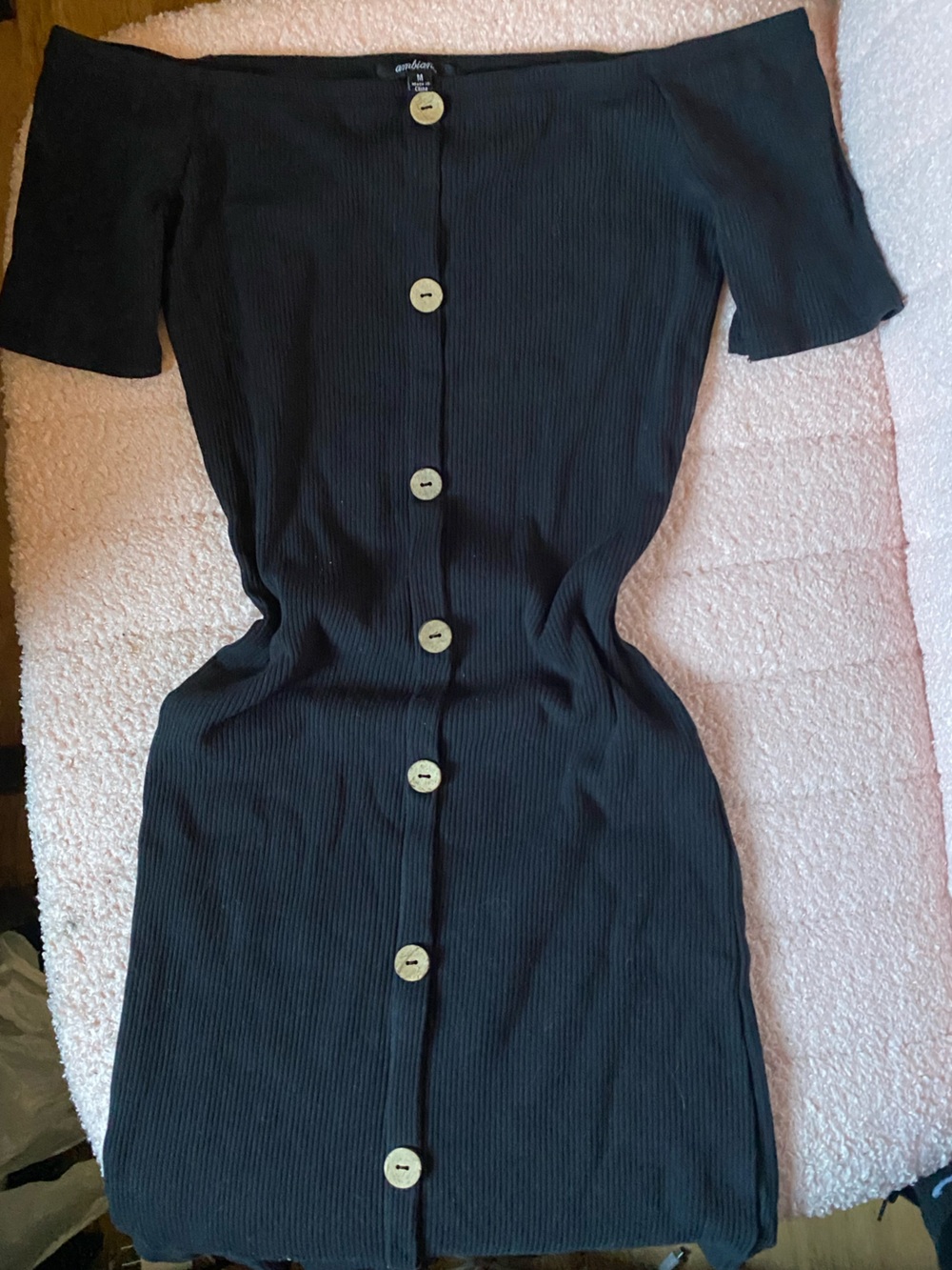 Ambiance Black Ribbed Midi Dress with Button Detail